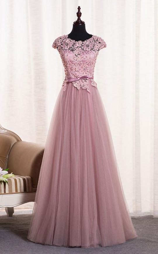 Pink Round Neck Tulle Lace Applique Long Prom Dress, Tulle Evening Dress