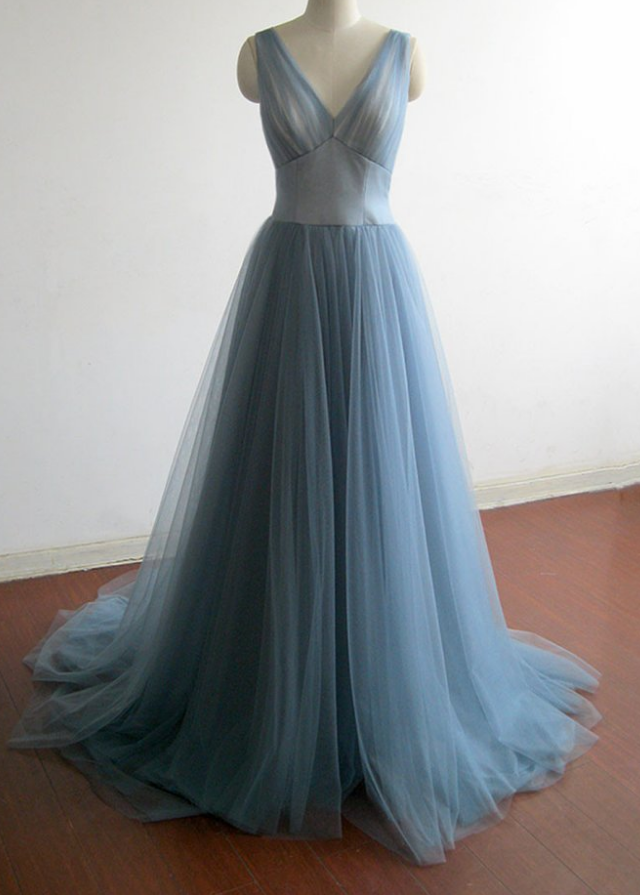 Elegant Grey Blue Tulle Long Prom Dress,v Neck Bridesmaid Dress,evening Dress