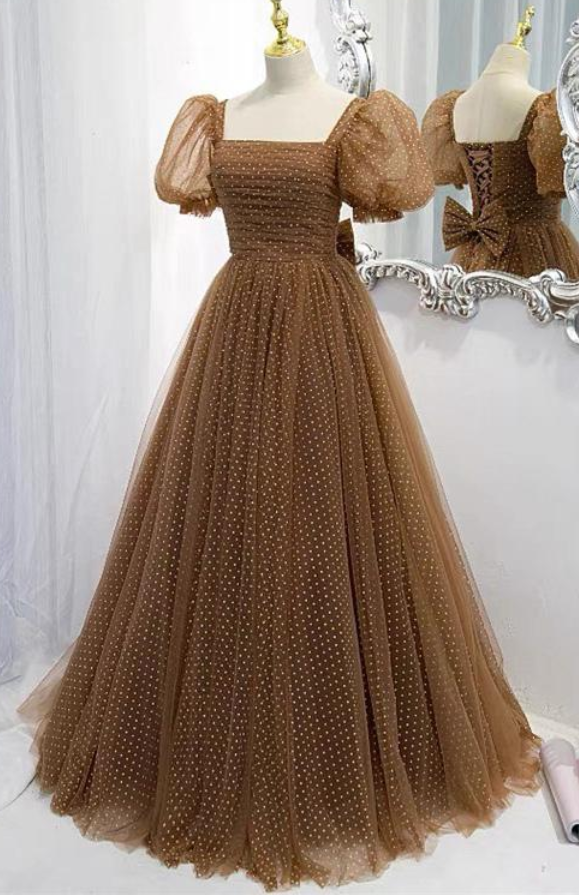 Brown Short Sleeve Long Formal Dress With White Dots