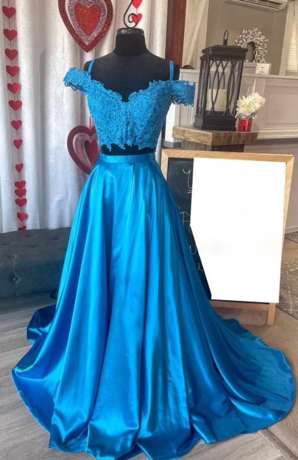 Blue Two Pieces Lace Satin Long Prom Dress Lace Formal Dress