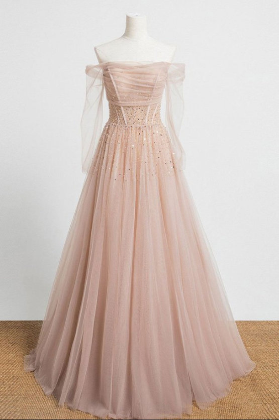 Champagne Tulle Sequin Long Prom Dress Champagne Tulle Formal Dress