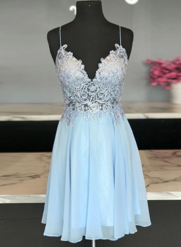 Blue Sweetheart Chiffon Lace Short Prom Dress Lace Homecoming Dress