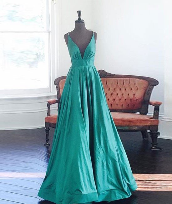 Prom Dresses, Simple V Neck Green Long Backless Prom Dress, Formal Dress