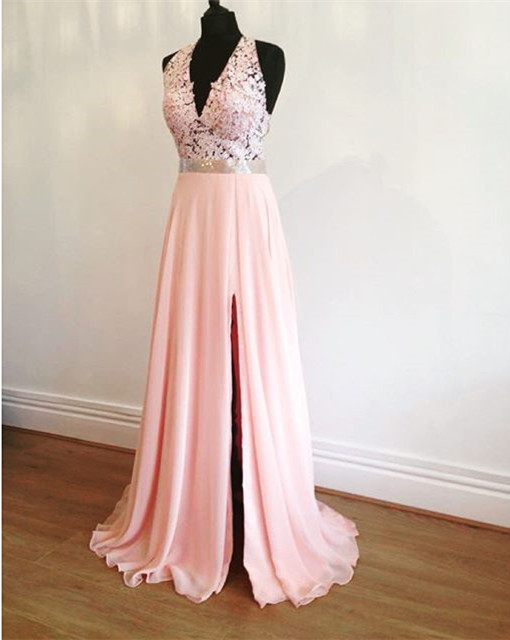 Prom Dress,modest Prom Dress,elegant Lace Halter Pink Chiffon Prom Dresses