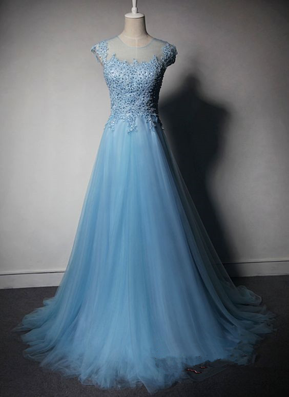 Pretty Light Blue Tulle Long Prom Dress With Lace Applique And Beadings, Blue Prom Dresses, Prom Gowns