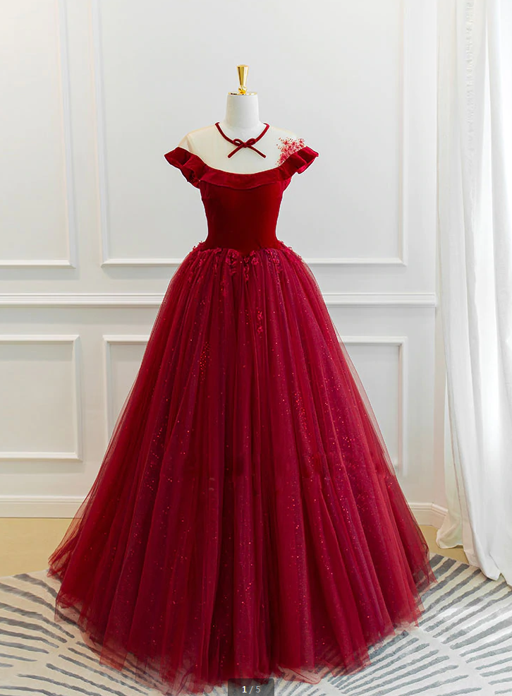 Prom Dresses,burgundy Round Neck Tulle Lace Long Prom Dress, Burgundy Evening Dress