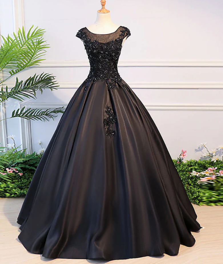 Prom Dresses,black Round Neck Lace Long Prom Dress, Black Evening Dress