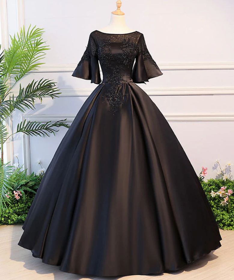 Prom Dresses,black Round Neck Satin Lace Long Prom Dress, Sweet 16 Dress