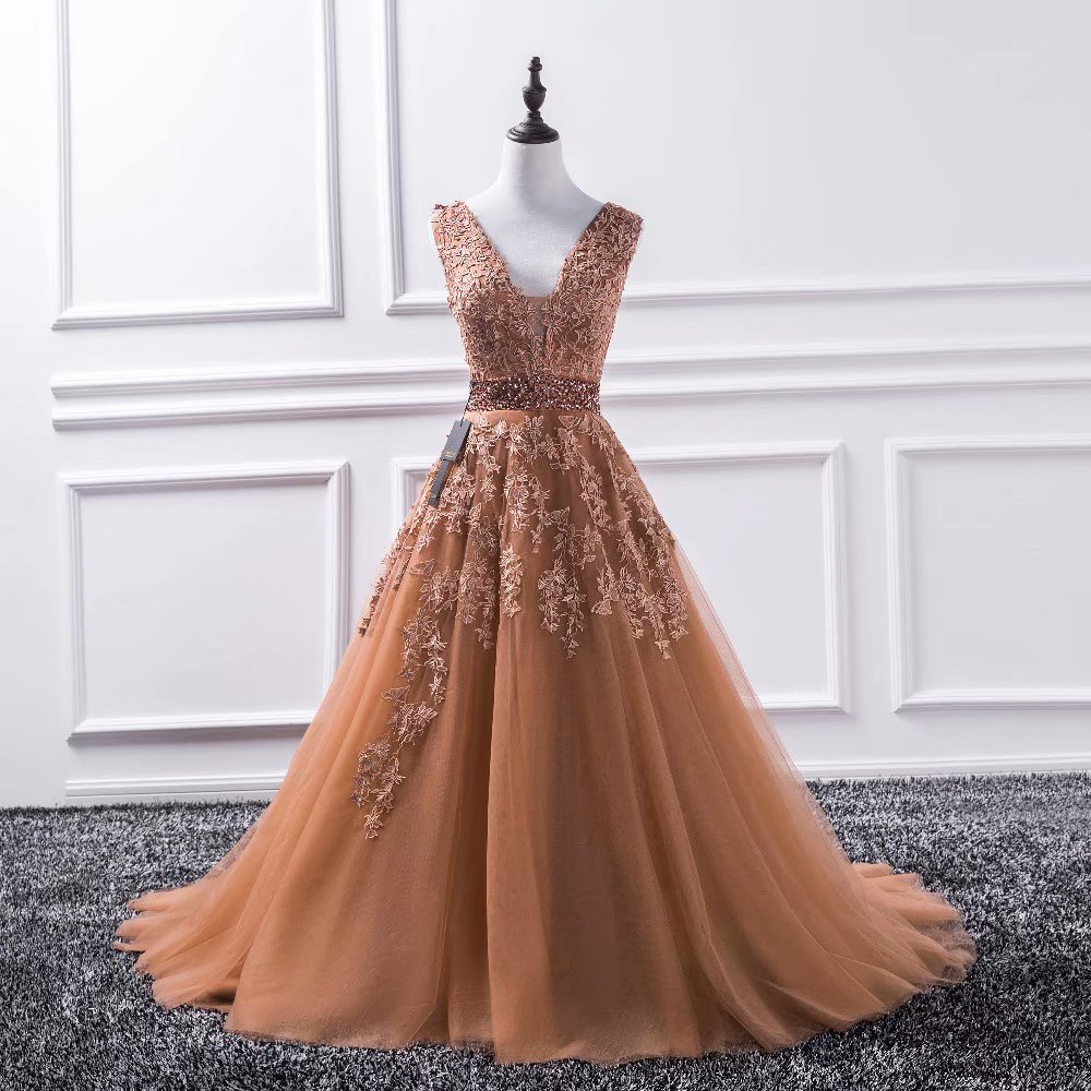 Elegant Long Coffee Prom Dresses Tulle Appliques Princess Ball Gown Vintage Evening Dress