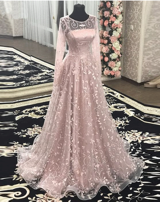 Floral Lace Long A Line Formal Prom Dresses With Full Sleeves