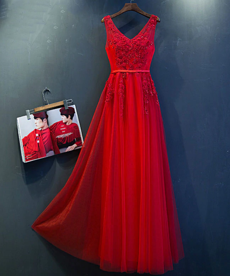 Prom Dresses,V Neck Lace Tulle Long Prom Dress, Lace Evening Dress