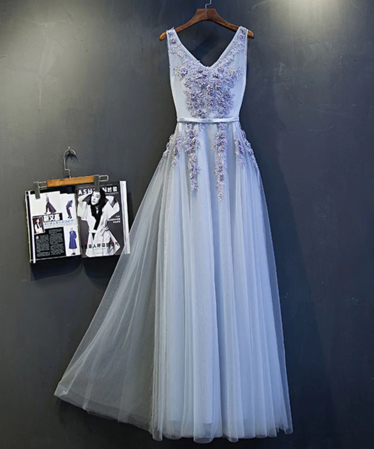 Prom Dresses,v Neck Lace Tulle Long Prom Dress, Lace Evening Dress