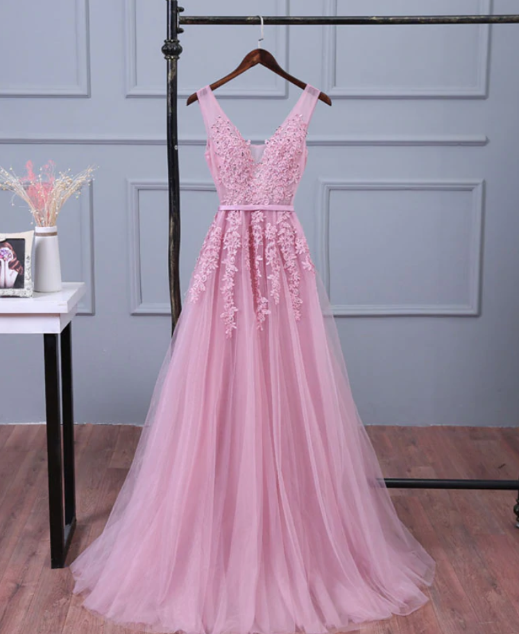 Prom Dresses,v Neck Lace Tulle Long Prom Dress, Lace Evening Dresses