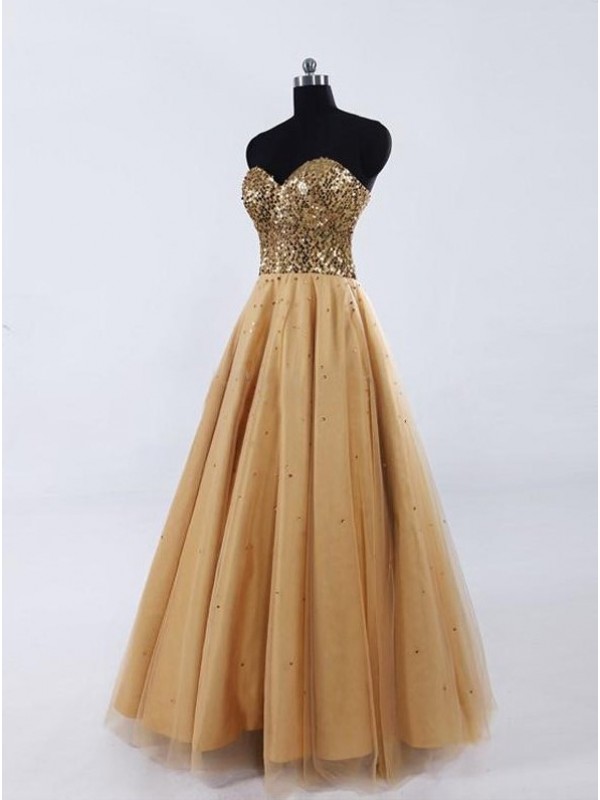 Lovely Gold Tulle Sweetheart Crystal Prom Gown, Prom Gowns