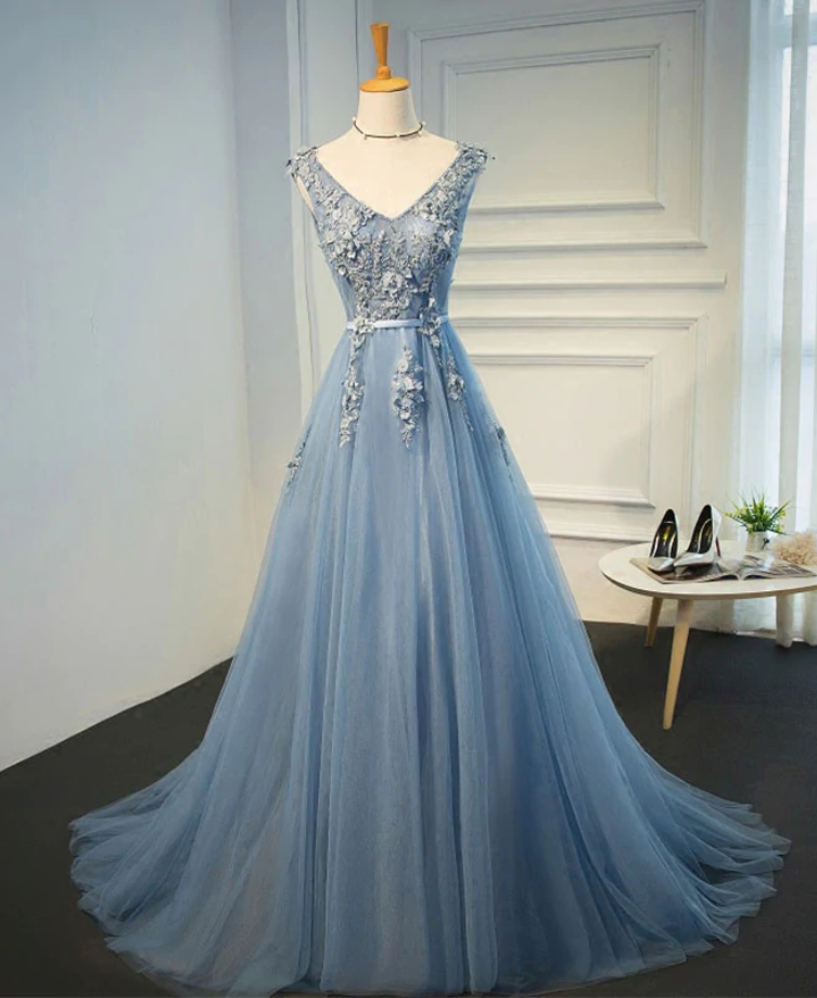 Prom Dresses,a Line V Neck Tulle Lace Long Prom Dress, Evening Dress