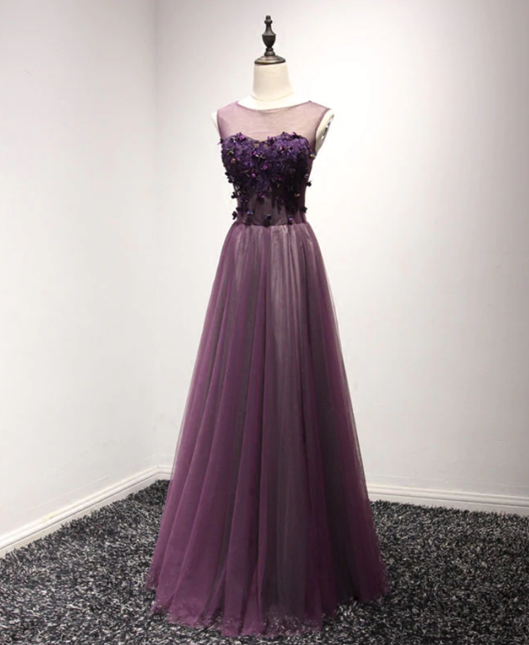 Prom Dresses,tulle Lace Round Neck Long Prom Dress, Evening Dress