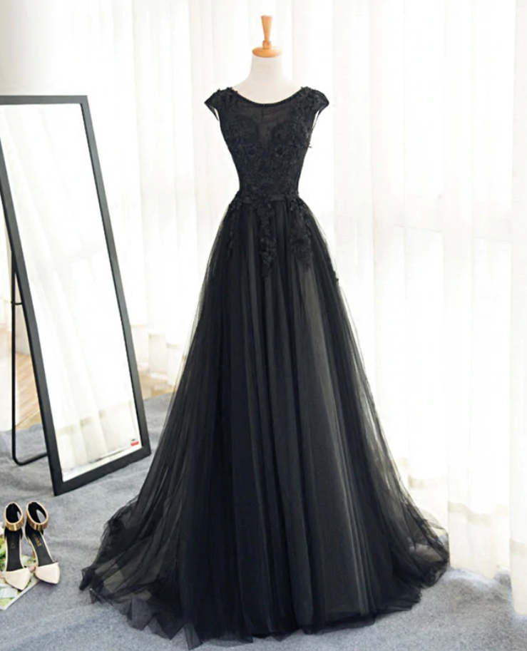 Prom Dresses,black A Line Tulle Lace Long Prom Dress, Evening Dress