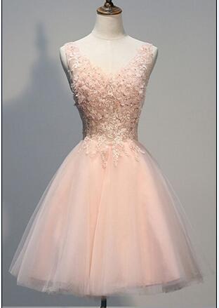 Pink Lace Homecoming Dresses, V-neck Homecoming Dresses, Tulle Homecoming Dresses, Cute Homecoming Dresses, Short Prom Dresses, Homecoming