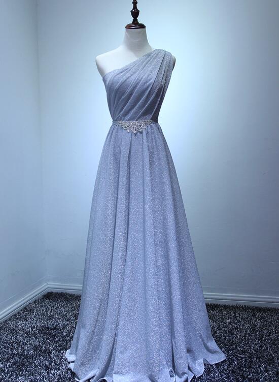 Grey Sliver Long One Shoulder Elegant Bridesmaid Dress With Belt, Long Formal Gowns
