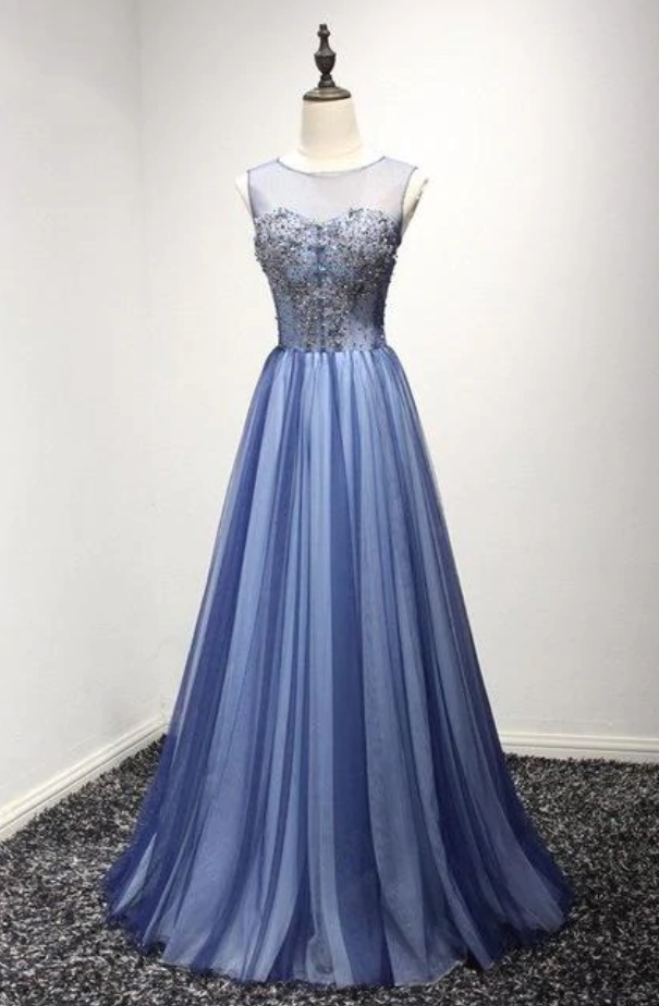 Prom Dresses,a Line Sheer Neck Prom Dress With Rhinestones, Long Tulle Party Dress
