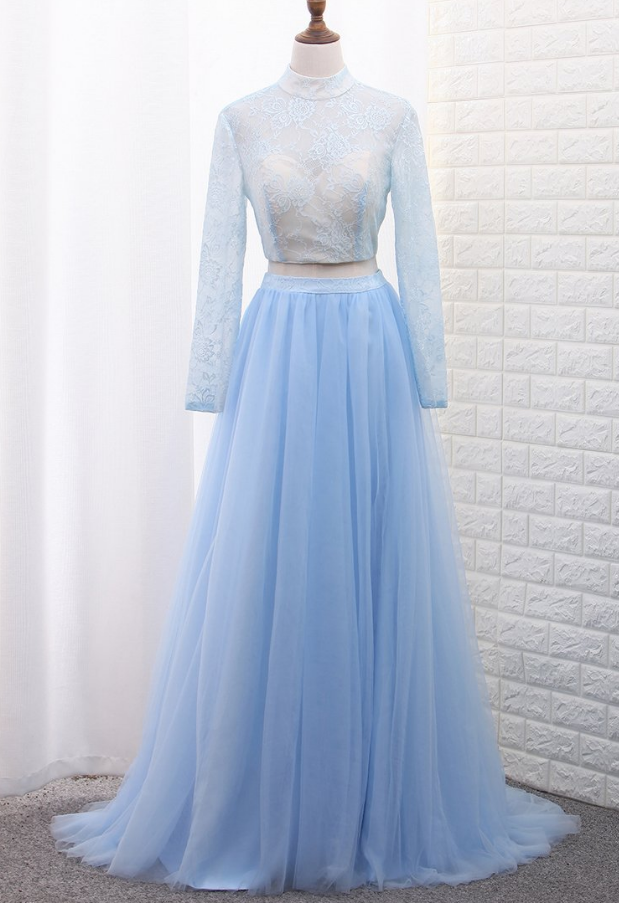 Prom Dresses,two-piece High Neck Evening Dresses Tulle & Lace With Slit A Line
