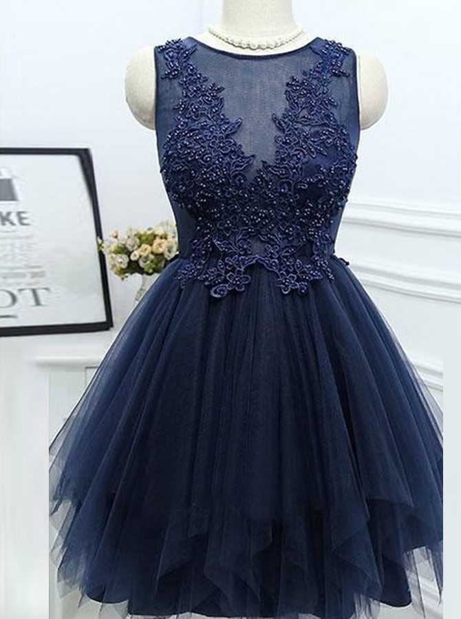 Tulle Lovely Navy Blue Homecoming Dress With Appliques Beadings, Adorable Prom Dress, Prom Dress