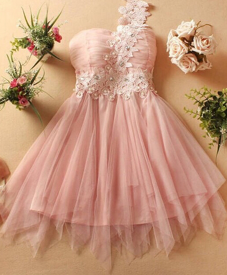 Pink Lovely One Shoulder Beading Lace Short Prom Dresses, Sweet Formal Dresses, Homecoming Dresses