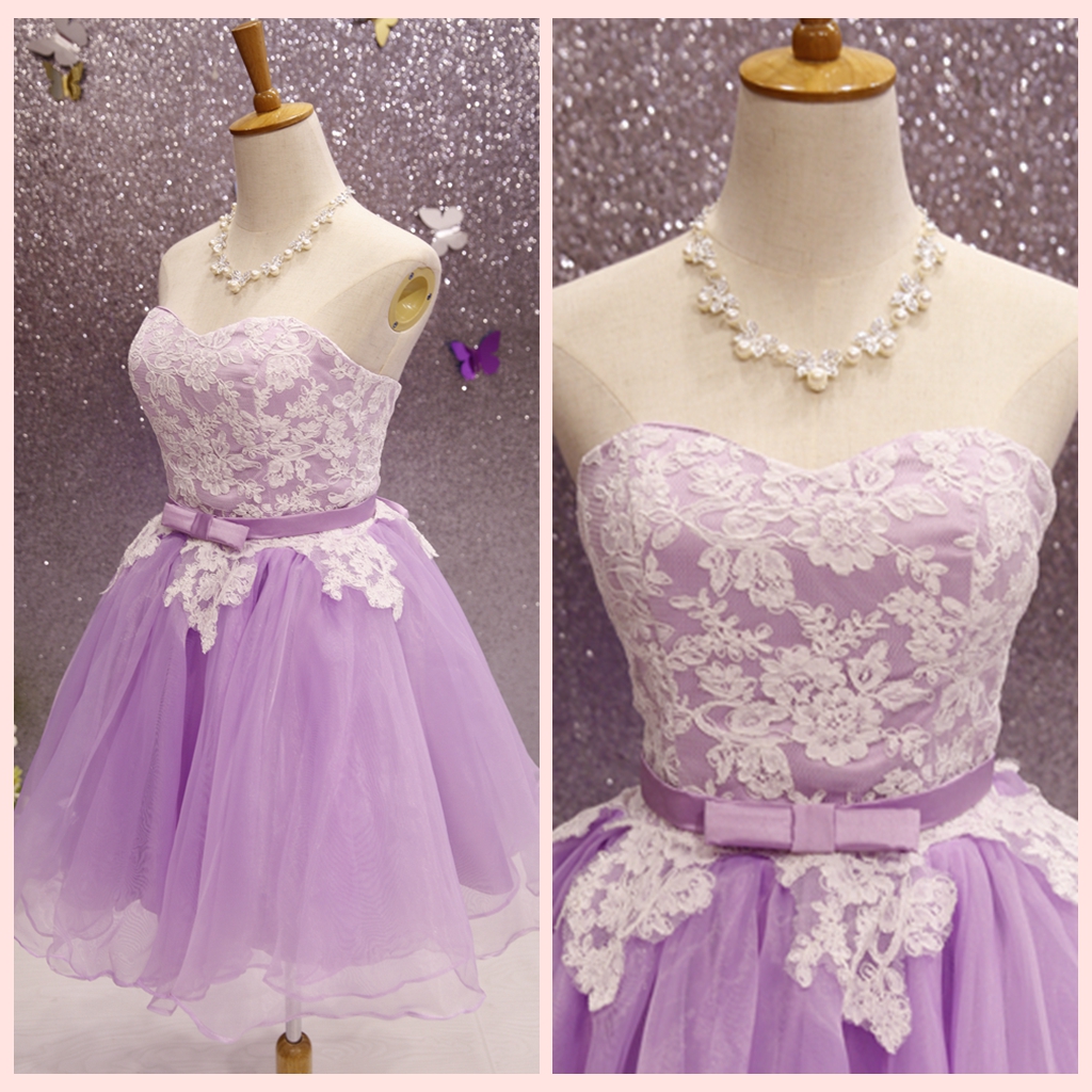 Lovely Short Lace Applique And Tulle Sweet Dresses, Cute Homecoming Dress With Bow, Short Prom Dresses