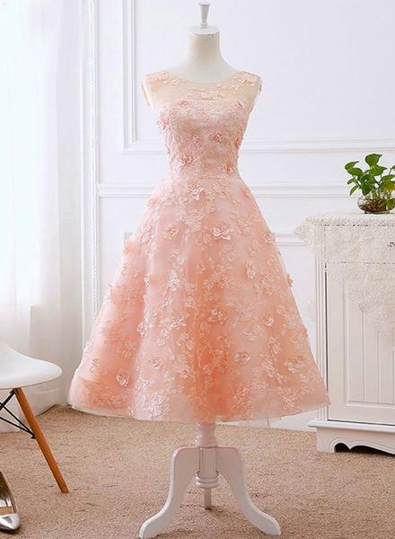 Tea Length Flower Lace Wedding Party Drses, Lace Formal Dress Prom Dress