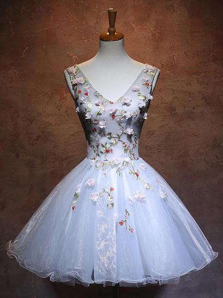 Blue Organza V-neckline Flowers Party Dress, Blue Short Prom Dress, Homecoming Dress