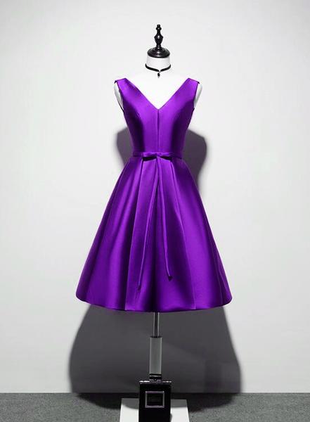 Elegant V-neckline Satin Purple Short Prom Dress, Purple Homecoming Dresses