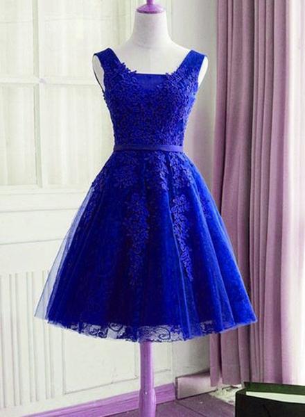 Lace Applique Tulle Knee Length Homecoming Dress, Charming Short Prom Dress