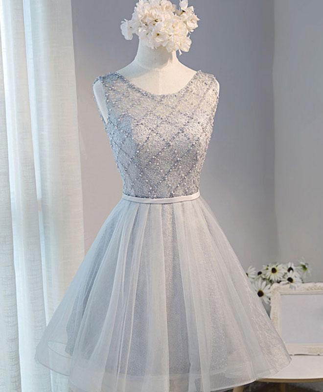 Gray Tulle Beads Short Prom Dress,gray Homecoming Dress