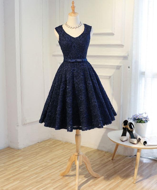 Dark Blue Lace Short Prom Dress,Blue Homecoming Dress