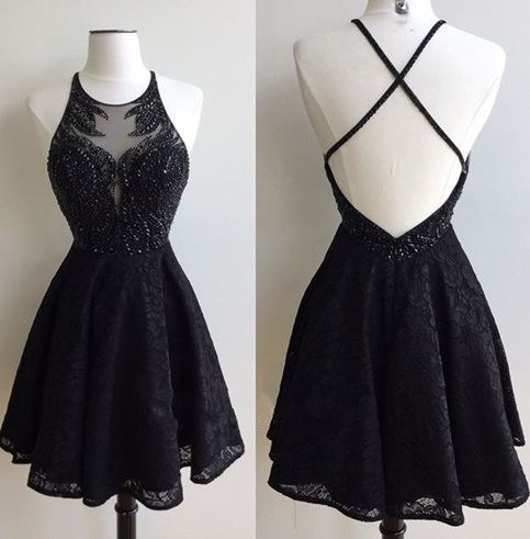 Black Lace Prom Dress, Short Prom Dress, Homecoming Dress, Graduation Dresses,backless Homecoming Dress,sexy Prom Homecoming Dress