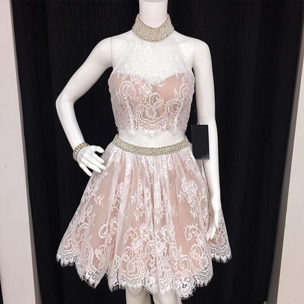 Two Pieces Homecoming Dresses,A-Line Lace Homecoming Dress, Open Back Homecoming Dress,Short Homecoming Dresses
