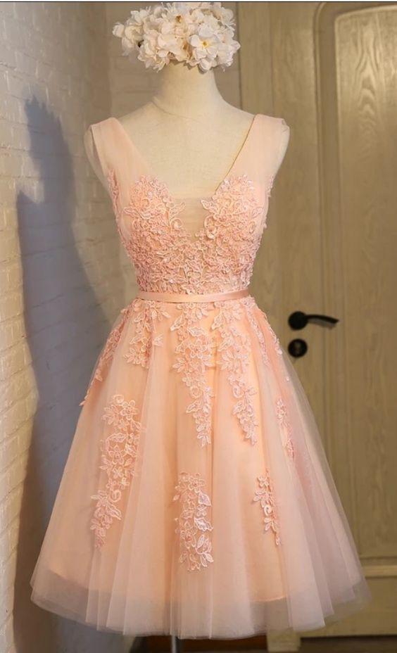 Lace Appliques Bridesmaid Dress,coral Bridesmaid Dress,women Party Dress,short Homecoming Dress