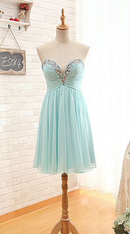 Short Chiffon Pleated Homecoming Dress, Featuring Plunge V Ruched Sweetheart Bodice And Beaded Embellishment
