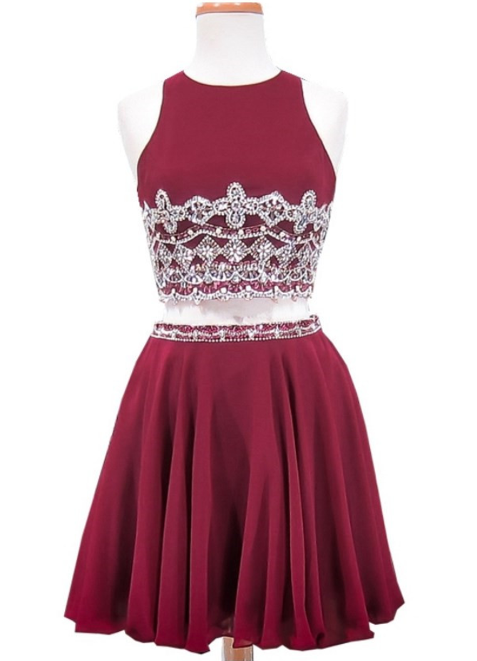 Burgundy Two-piece Homecoming Dress, Featuring Beaded Embellished Crew Neck Sleeveless Crop Top And Short Skirt