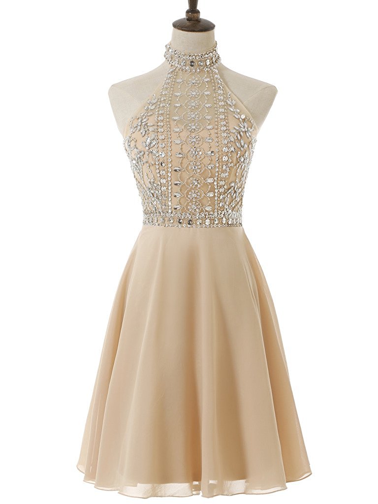Beaded Embellished High Halter Neck Short Chiffon A-line Formal Dress  Featuring Cutout Back, Homecom on Luulla