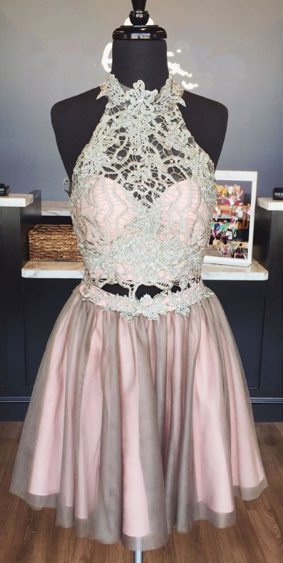 Elegant Homecoming Dresses Lace Crop Top,high Neck Homecoming Dress,two Piece Homecoming Dress