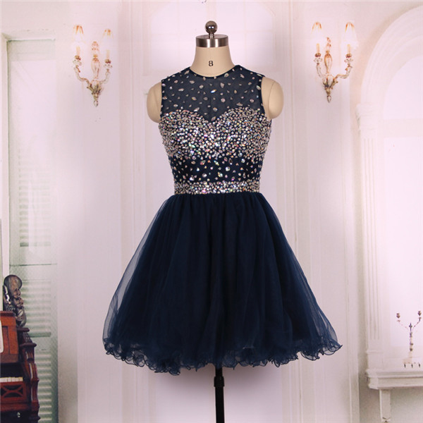 Sweetheart Beaded Ball Gown,navy Blue Tulle Short Prom Dresses Gowns, Formal Evening Dresses Gowns, Homecoming Graduation Cocktail Party Dresses