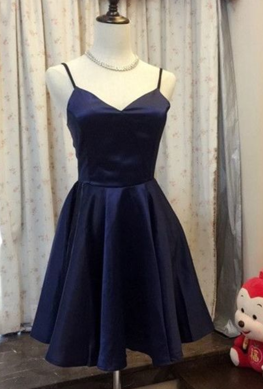 Navy Blue Satin Short Homecoming Dress, Mini Party Gowns , Cocktail Party Gowns