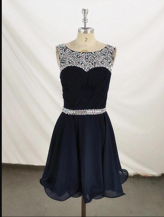 Off Shoulder Navy Blue Beaded Short Homecoming Dress, A Line Mini Cocktail Party Gowns, Party Gowns