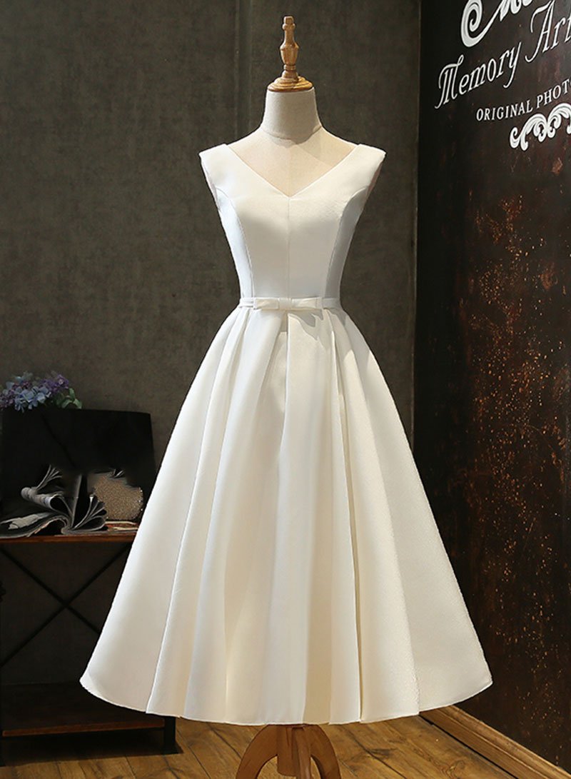 short satin v neck off the shoulder homecoming dresses White Off-Shoulder V-Neck Satin Short Cocktail Homecoming Dress Modsele