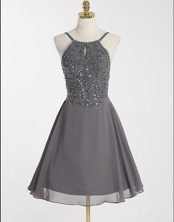 Gray Chiffon Beaded Short Homecoming Dress, Prom Party Gowns, Cocktail Party Gowns