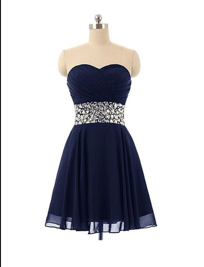 A Line Navy Blue Chiffon Short Homecoming Dress, Crystal Beaded Mini Prom Gowns , Women Party Gowns