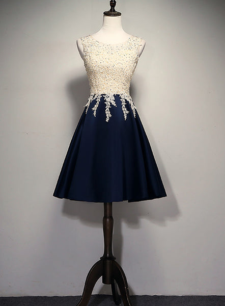 Navy Blue Short Prom Dress, Homecoming Dress With Lace Applique