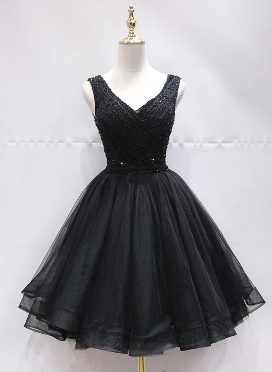 Black Tulle V Back Beaded Knee Length Homecoming Dress, Black Short Party Dress