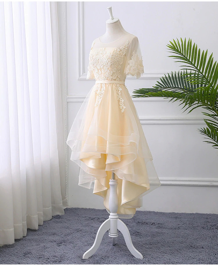 Light Champagne High Low Party Dress With Lace Applique, Short Homecoming Dress
